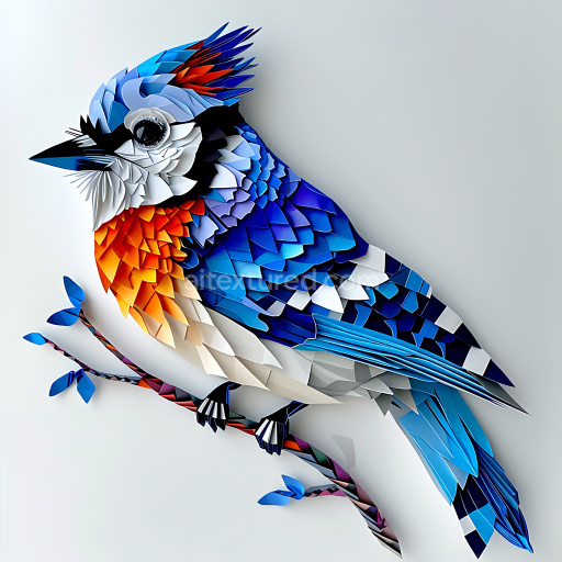 Seamless 3D PBR Texture Featuring Stylized Blue Jay Origami Feather Pattern
