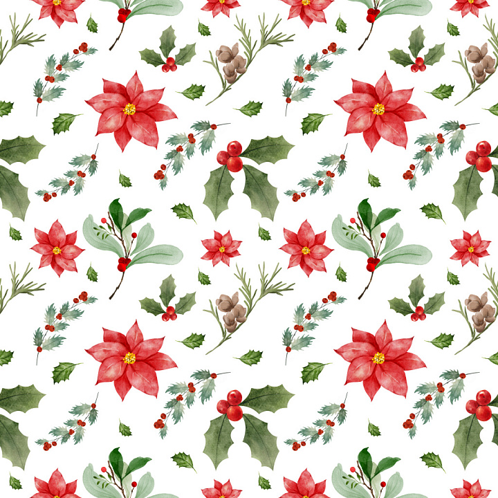 Pattern with Watercolor Christmas Florals and Holiday Botanicals seamless PBR texture preview