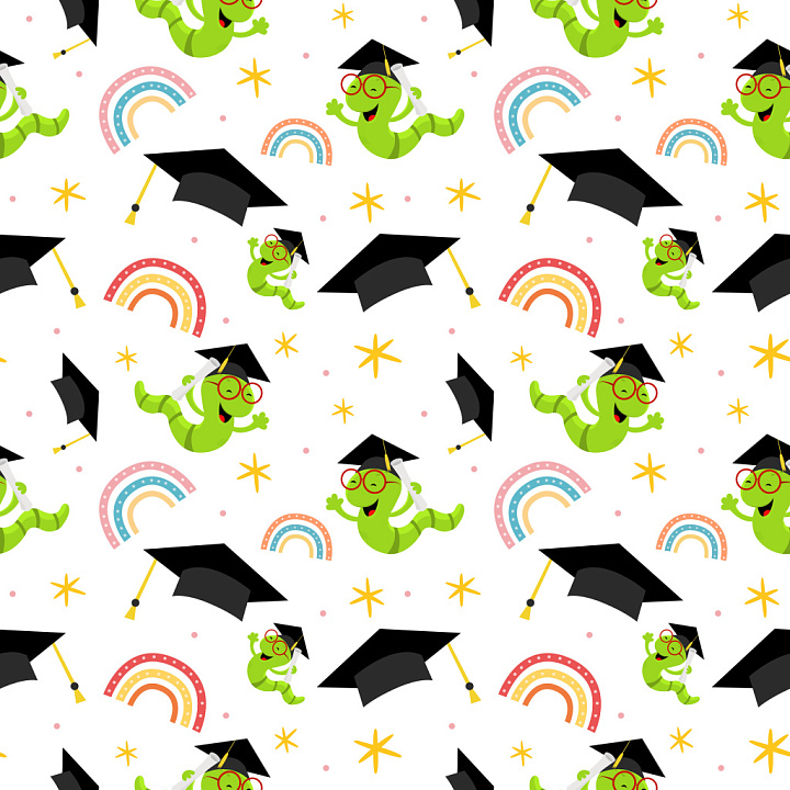 Pattern Featuring Playful Graduation Cartoons and Rainbows seamless PBR texture preview