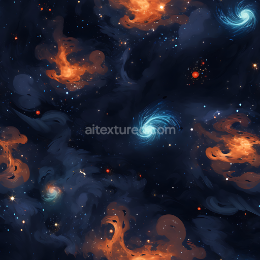 Seamless 3D Space PBR Texture Featuring Swirling Blue Galaxies & Fiery Orange Nebulae