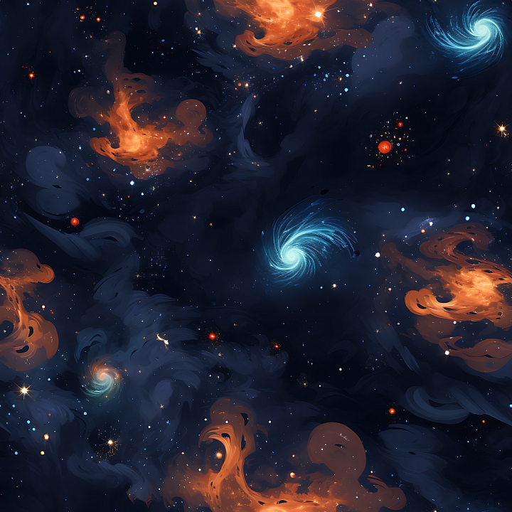 Space Featuring Swirling Blue Galaxies & Fiery Orange Nebulae seamless PBR texture preview