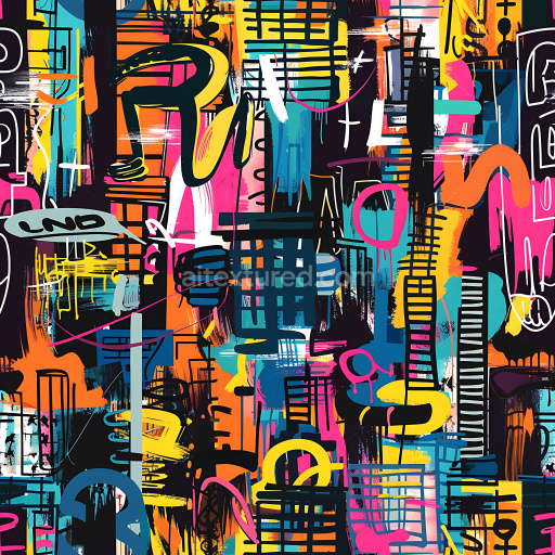 Seamless 3D PBR texture featuring vibrant abstract urban graffiti