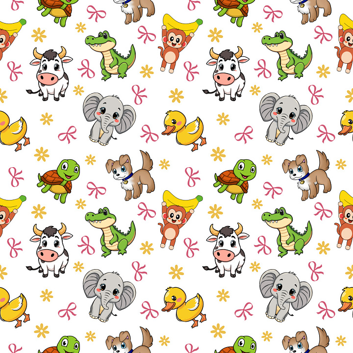 Pattern with Cute Cartoon Animals and Playful Motifs seamless PBR texture preview