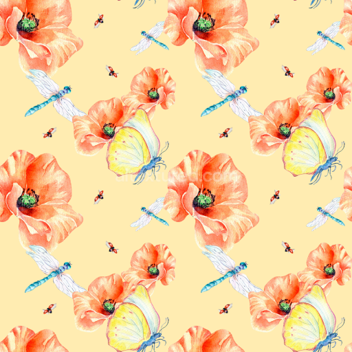 Seamless 3D PBR Texture of Soft Yellow Floral Fabric with Dragonflies and Butterflies