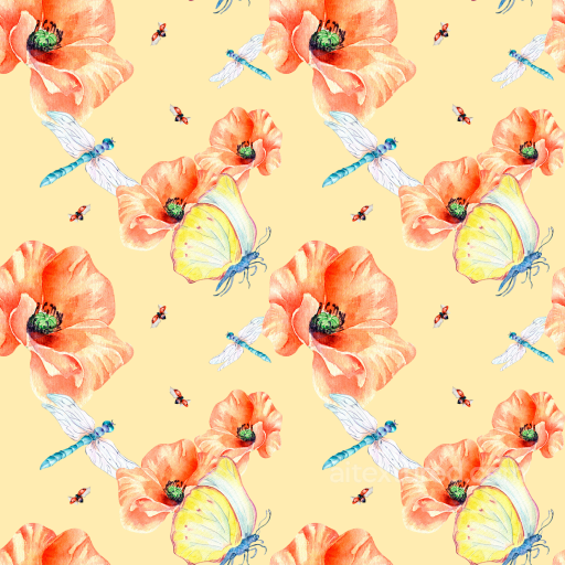 Dragonfly Texture of Soft Yellow Floral Fabric with Dragonflies and Butterflies seamless Dragonfly PBR texture