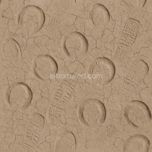 Seamless 3d texture pbr 8k of horse hoofprints on dry cracked mud surface