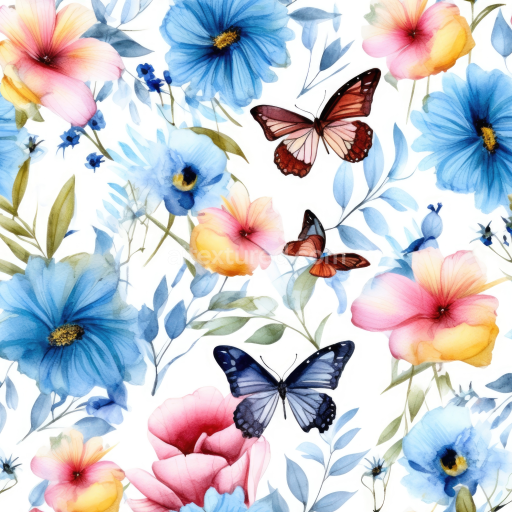 Seamless 3D PBR Fabric Texture Featuring Pastel Watercolor Flowers and Butterflies