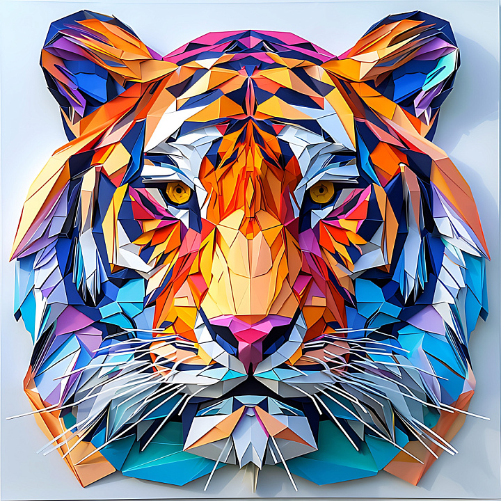 Animal of Bengal Tiger Face Origami Style, Vibrant Geometric Colors seamless PBR texture preview