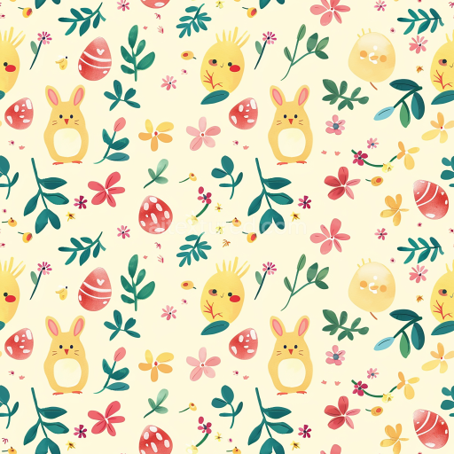 Seamless 3D PBR Texture of Cute Easter Digital Paper with Bunny, Eggs & Floral Elements