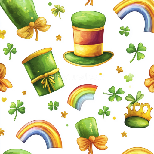 Seamless 3D PBR Texture Featuring St Patrick's Digital Paper with Leprechaun Hats and Rainbows