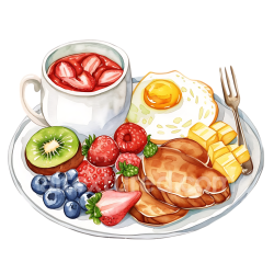 seamless Brunch Platter Breakfast Illustration Featuring Fried Egg, Fruits, and Tea texture 8k free download PBR