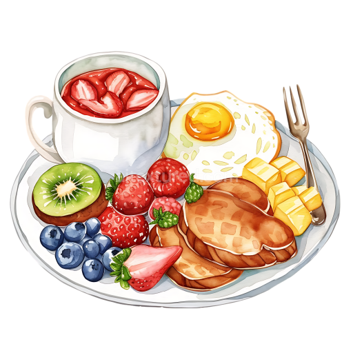 Brunch Platter Breakfast Illustration Featuring Fried Egg, Fruits, and Tea