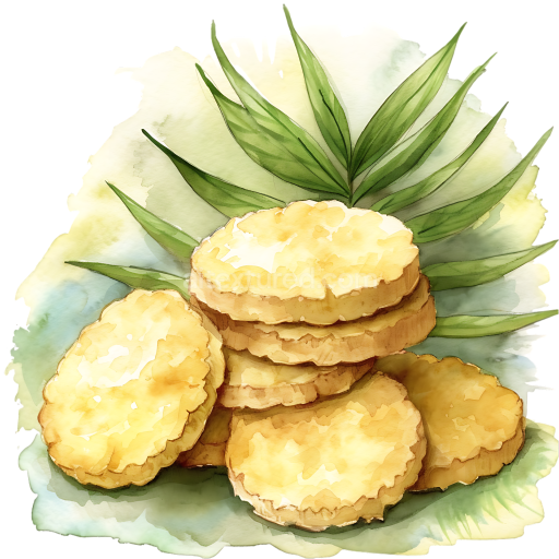Watercolor Style Arrowroot Biscuits Breakfast Illustration with Green Tropical Leaves