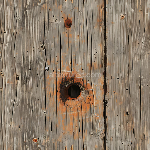 Seamless 3D PBR Texture of Weathered Cracked Wood with Rust-Stained Holes