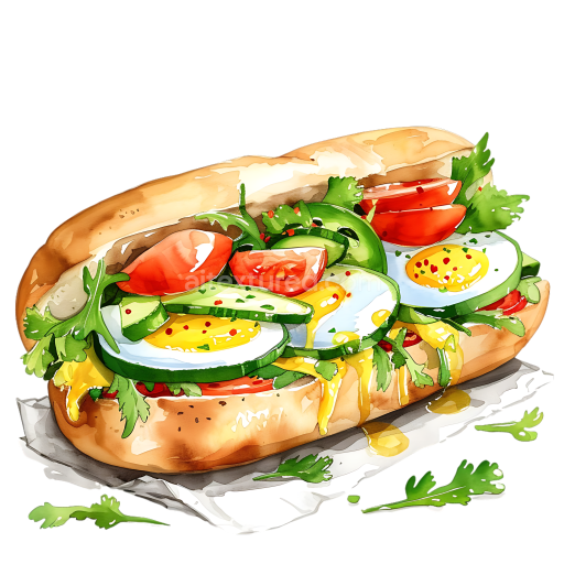 Preview — Banh Mi Breakfast Sandwich with Eggs, Fresh Vegetables, and Herbs Illustration