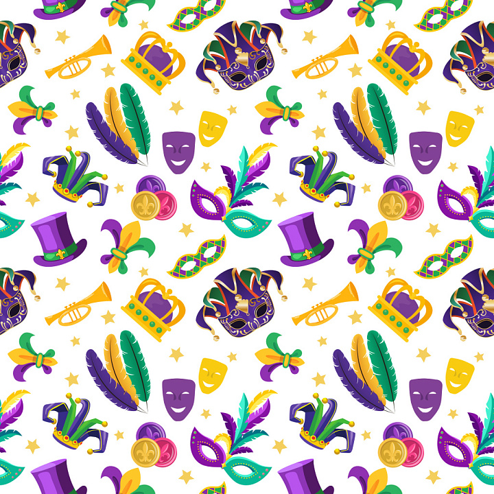 Pattern Featuring Colorful Mardi Gras Masks and Festive Icons seamless PBR texture preview