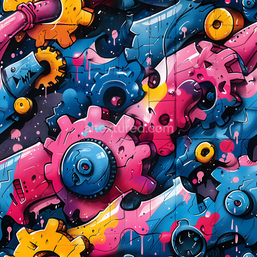 Seamless 3D PBR Graffiti Texture Featuring Colorful Mechanical Gears in Urban Style