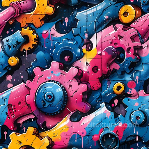 Seamless 3D PBR Graffiti Texture Featuring Colorful Mechanical Gears in Urban Style texture preview