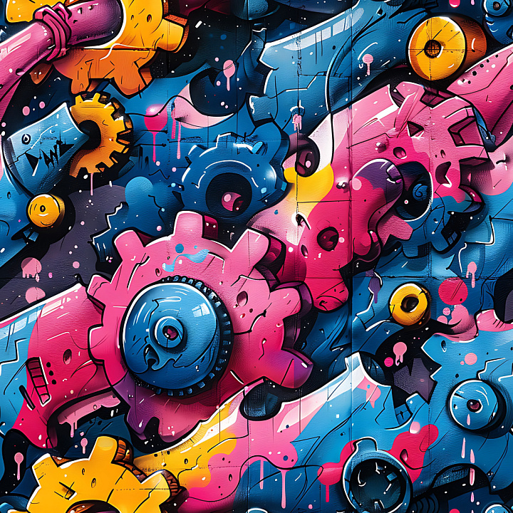 Graffiti Featuring Colorful Mechanical Gears in Urban Style seamless PBR texture preview