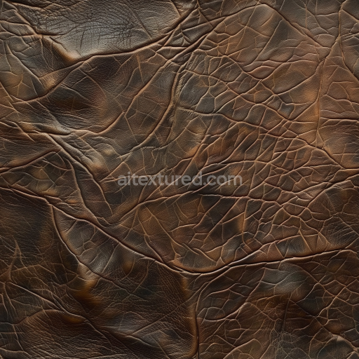 Seamless 3D PBR texture of aged cracked brown leather with rich wrinkles and deep grain detail