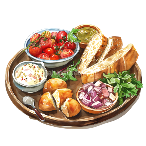 Detailed Ploughman's Breakfast Platter with Fresh Bread, Cheeses, and Veggies