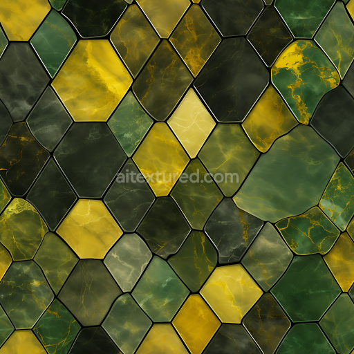 Seamless 3D PBR Texture of Green and Yellow Marble Polygonal Tiles with Polished Finish