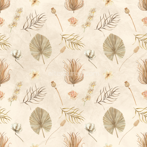 Seamless 3D PBR Fabric Texture Featuring Delicate Beige Floral and Leaf Patterns