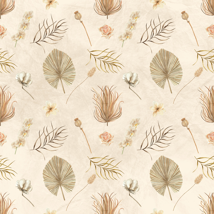 Fabric Featuring Delicate Beige Floral and Leaf Patterns seamless PBR texture preview