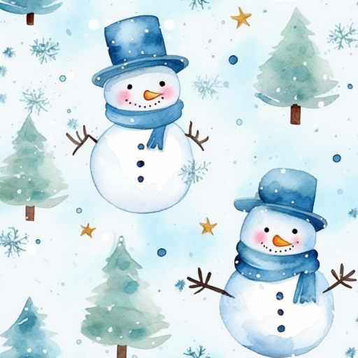 Christmas Watercolor Texture Featuring Snowmen and Pine Trees seamless Christmas Watercolor PBR texture