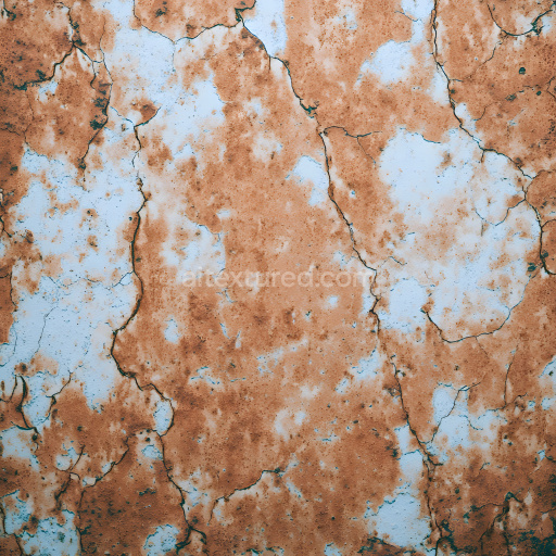 Seamless 3D Cracked Rusty Metal PBR Texture with Brown Oxidation and Light Blue Paint