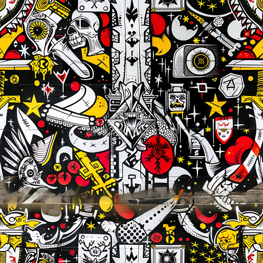 Seamless 3D PBR texture with vivid black, red, and yellow graffiti art