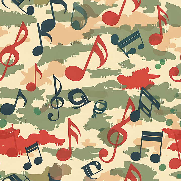 Stylized Musical Camouflage with Abstract Color Patches seamless PBR texture preview