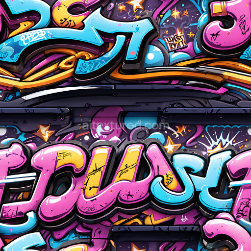 Seamless 3D PBR texture featuring vibrant multi-color graffiti letters and urban motifs