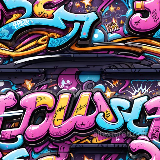 Seamless 3D PBR texture featuring vibrant multi-color graffiti letters and urban motifs texture preview