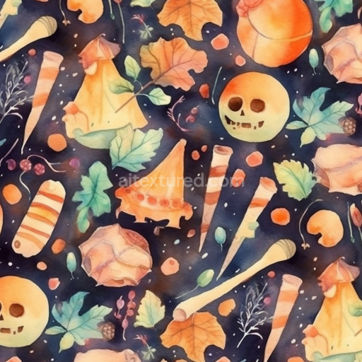 Seamless 3D PBR Watercolor Halloween Texture with Skulls, Leaves & Bones