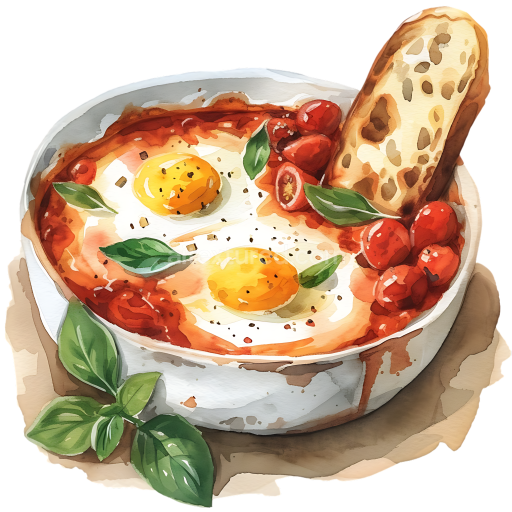 Shakshuka Breakfast Illustration with Eggs and Rustic Bread