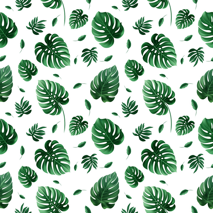 Pattern Featuring Tropical Green Leaves Motifs on White Background seamless PBR texture preview