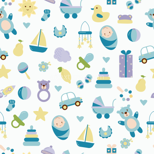 Seamless 3D PBR Baby Boy Cartoon Pattern Texture with Toys & Icons