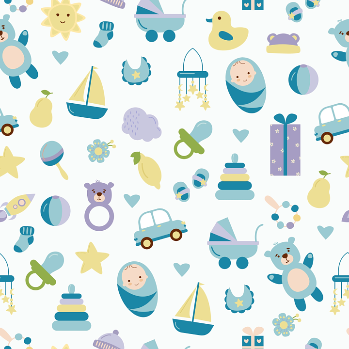Baby Boy Cartoon Pattern with Toys & Icons seamless PBR texture preview