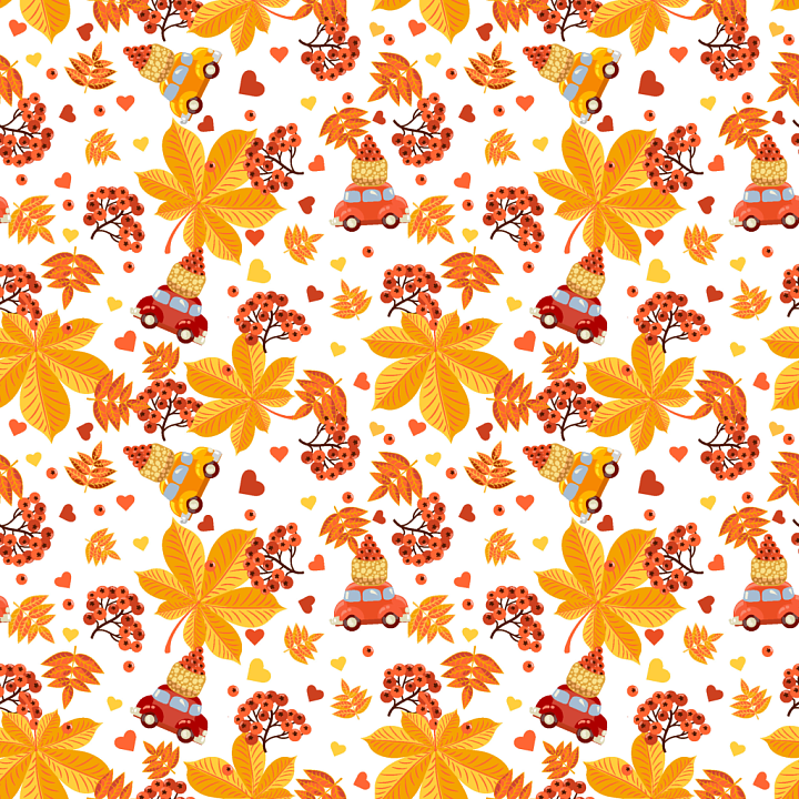 with Vibrant Autumn Leaves and Playful Car Motifs seamless PBR texture preview