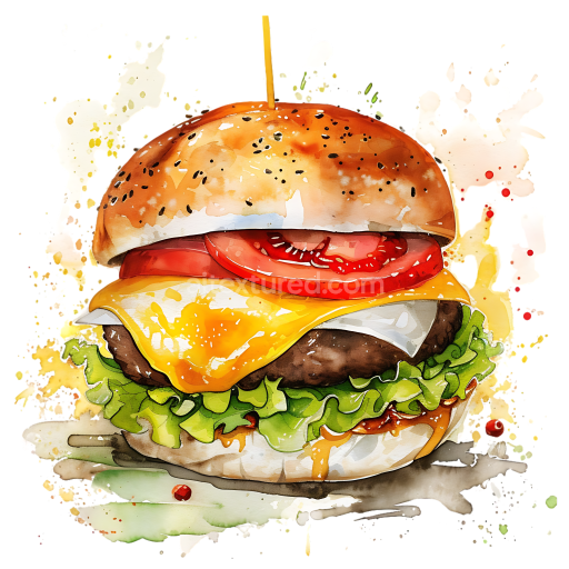 Breakfast Burger Illustration Featuring Egg, Lettuce, Tomato, and Cheese