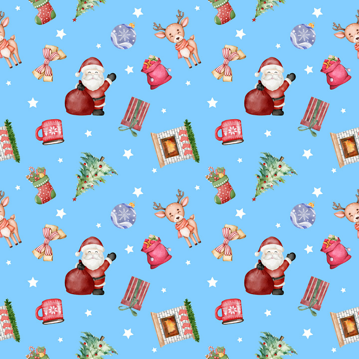Pattern with Watercolor Christmas Motifs on Blue seamless PBR texture preview