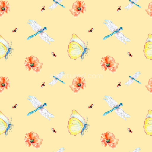 Seamless 3D PBR Dragonfly, Butterfly & Floral Pattern Texture in Soft Pastels