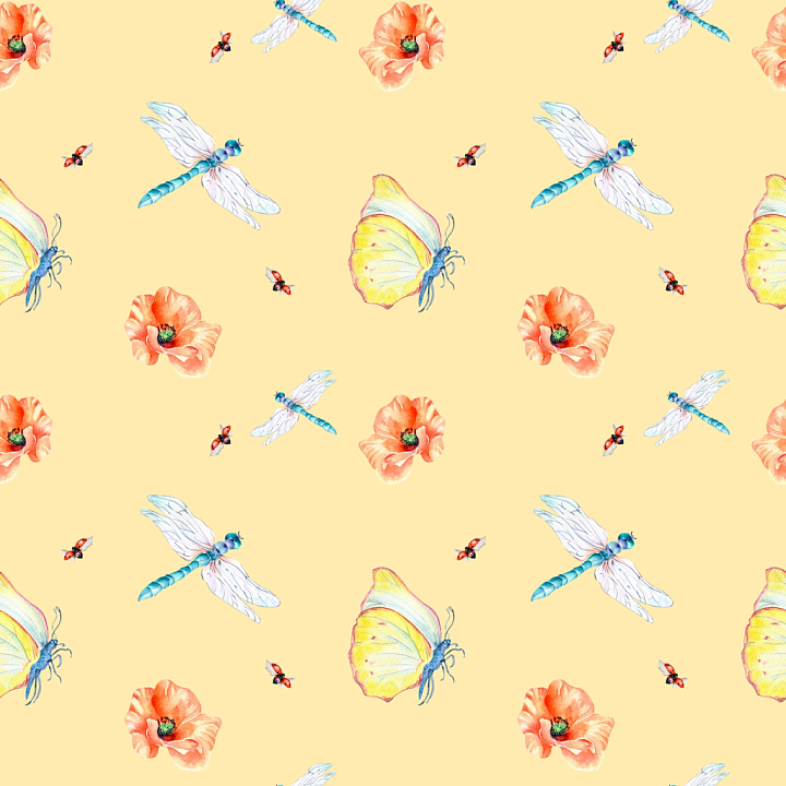 Dragonfly, Butterfly & Floral Pattern in Soft Pastels seamless PBR texture preview