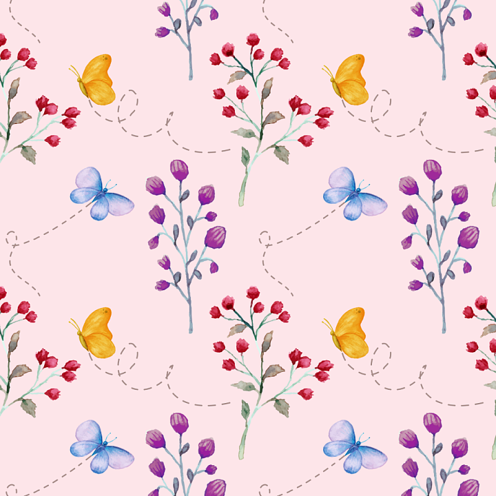 Watercolor Butterfly and Floral Fabric with Soft Pastel Palette seamless PBR texture preview