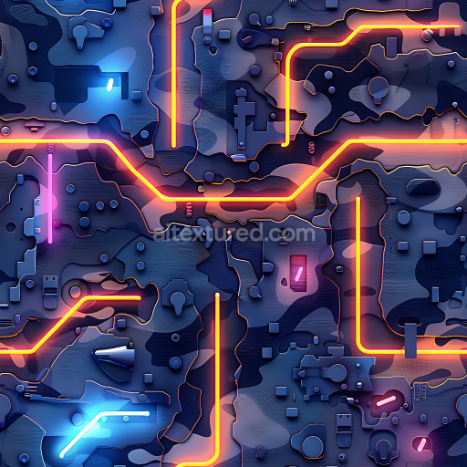 Seamless 3D Urban Camouflage PBR Texture with Neon Circuit Pattern