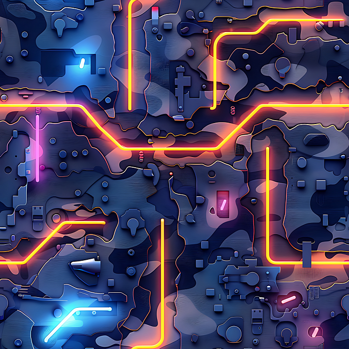 Urban Camouflage with Neon Circuit Pattern seamless PBR texture preview