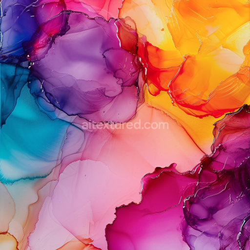 Seamless 3D Alcohol Ink PBR Texture with Vibrant Purple, Red, and Orange Fluid Waves