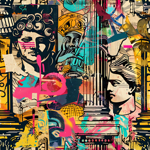 Seamless 3D PBR texture of vibrant graffiti with classical statues and mural overlay