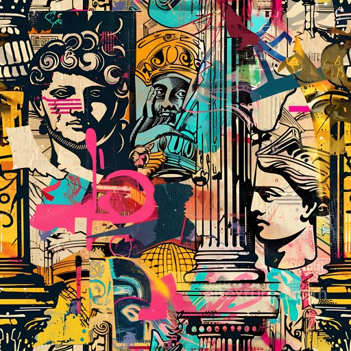 Seamless 3D PBR texture of vibrant graffiti with classical statues and mural overlay texture preview